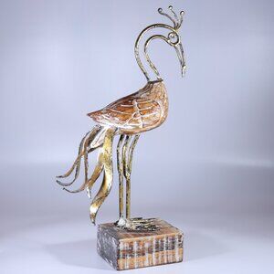 Wood & Metal Bird Peacock (?) Wood Base Figurine Decor Handmade 14" Height.
